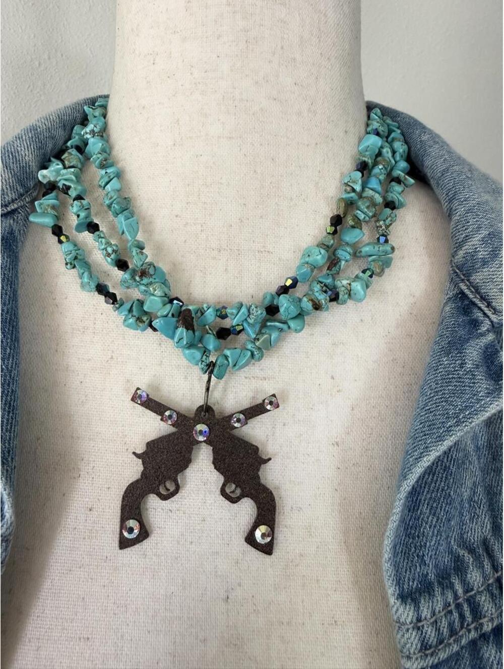 Vintage Turquoise Chip Necklace with Rhinestone Revolver Pendant